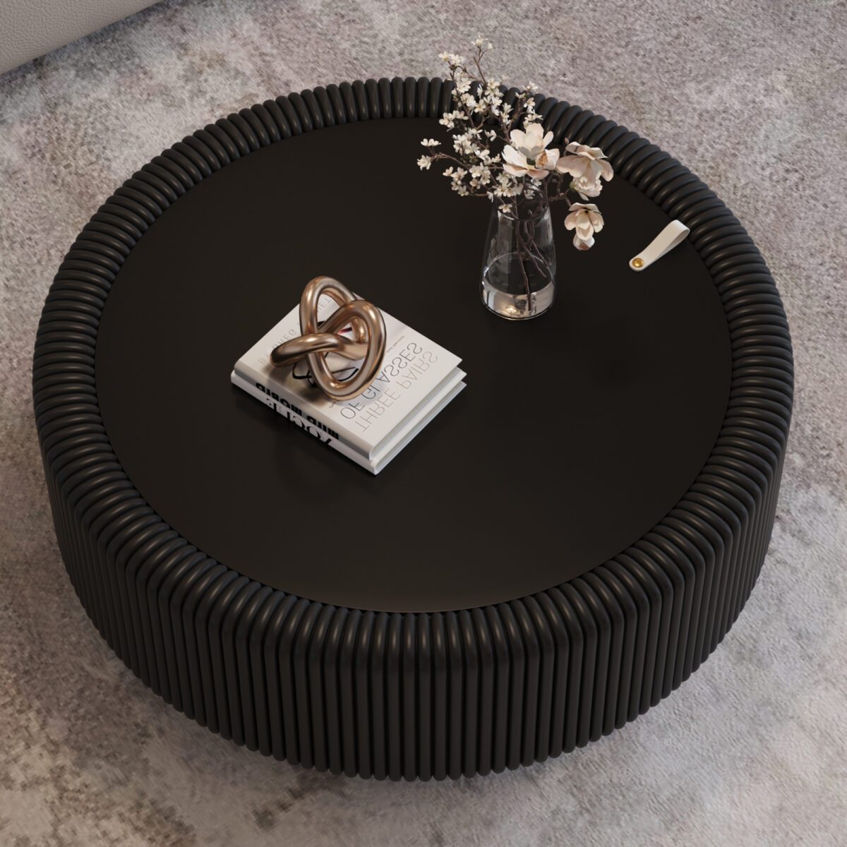 Black Pleated Round Coffee Table - Tempered Glass Top & PU Leather Fluted Accent Table - Image 3