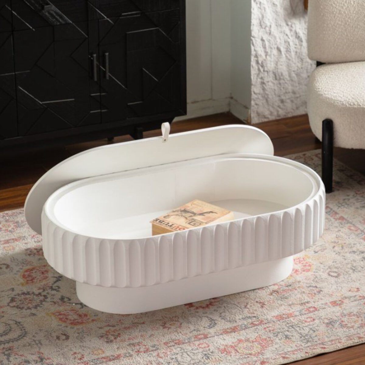White Fluted Oval Coffee Table - Modern Ribbed Accent Table with Hidden Storage - Image 3