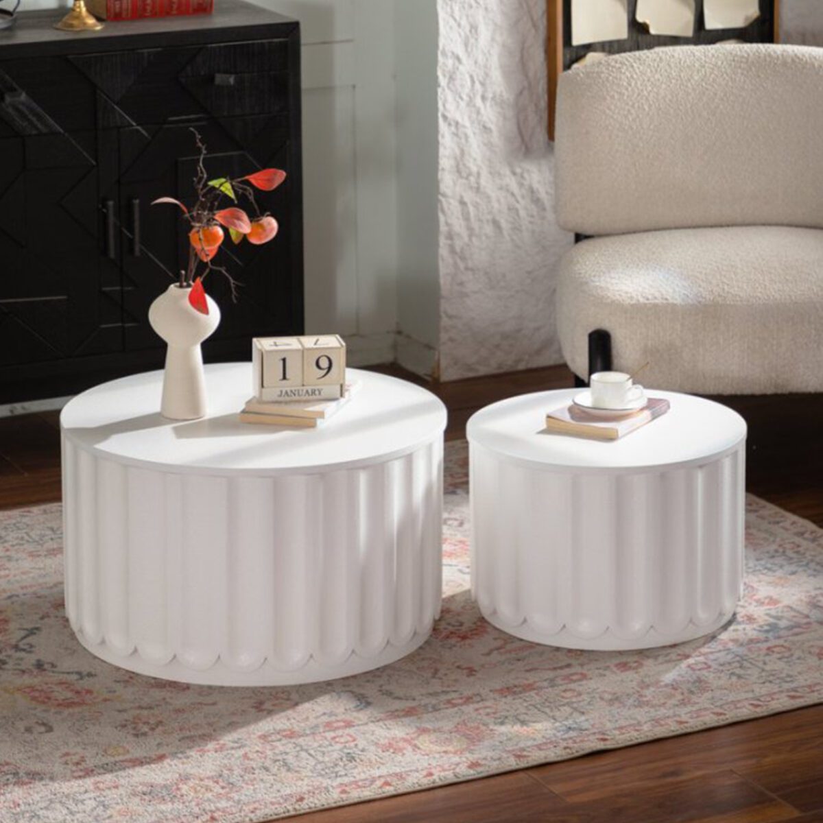 Set of 2 White Fluted Nesting Storage Tables - Modern Ribbed Accent Tables with Lift-Off Lids - Image 4