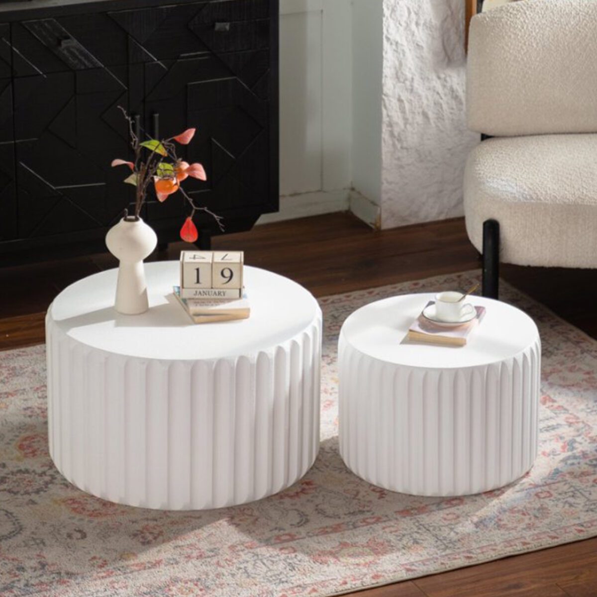 Set of 2 White Fluted Nesting Tables - Modern Ribbed Round Accent Tables - Image 3