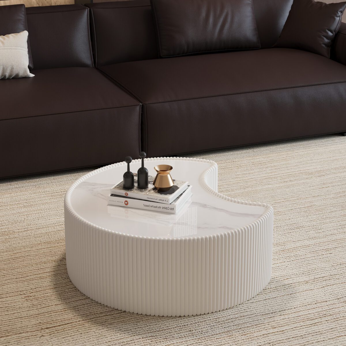 White Pleated C-Shaped Coffee Table - Sintered Stone Top & Fluted PU Leather Accent Table - Image 2