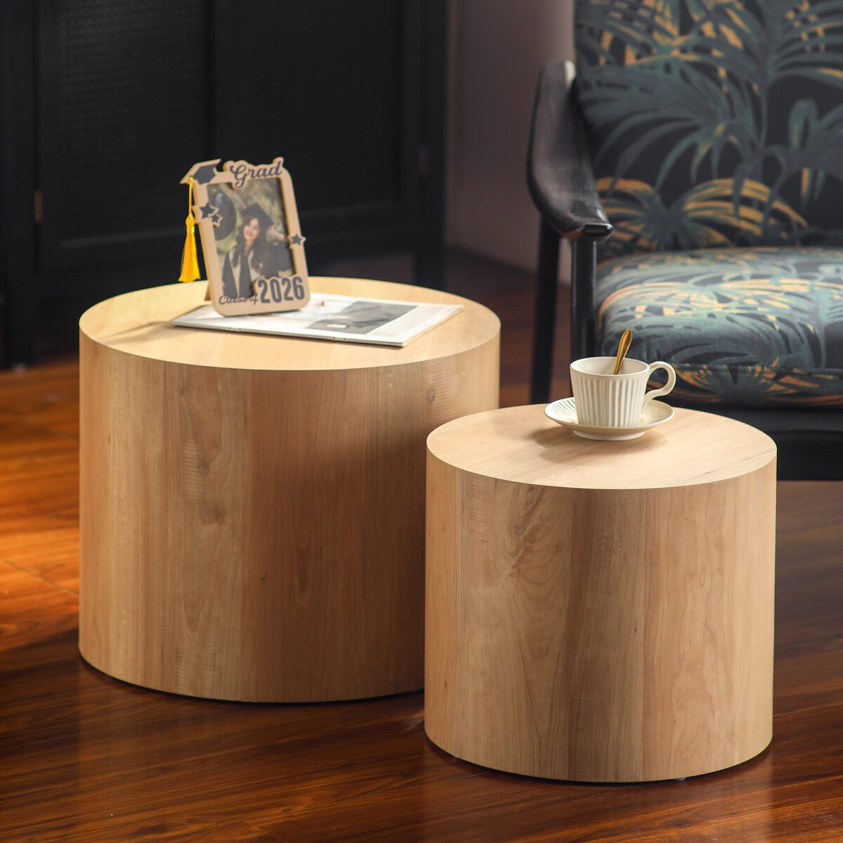 Set of 2 Nesting Natural Wood Grain MDF Cylinder Side Tables, Light Tone Drum Accent Table Set - Image 2