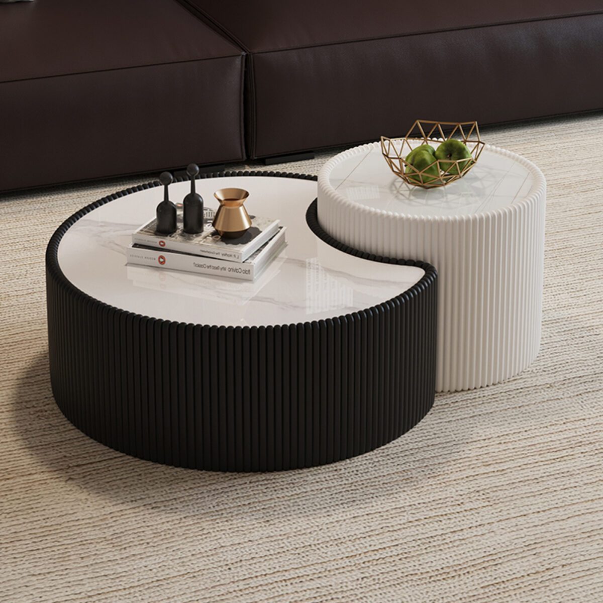 Black Pleated C-Shaped Coffee Table - Sintered Stone Top & Fluted PU Leather Accent Table - Image 3