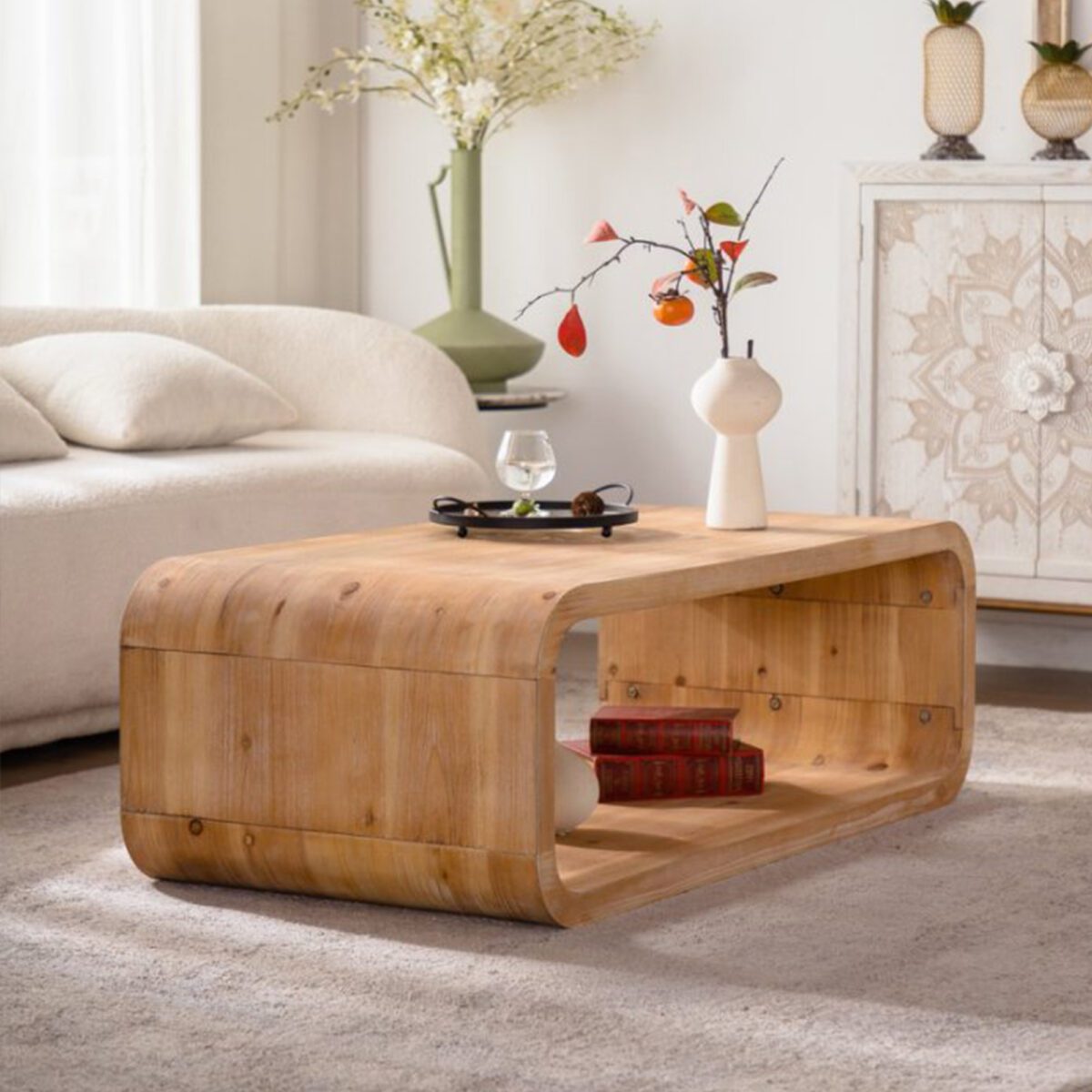 Rounded Open-Frame Coffee Table - Natural Wood-Look Accent Table with Open Lower Shelf - Image 3