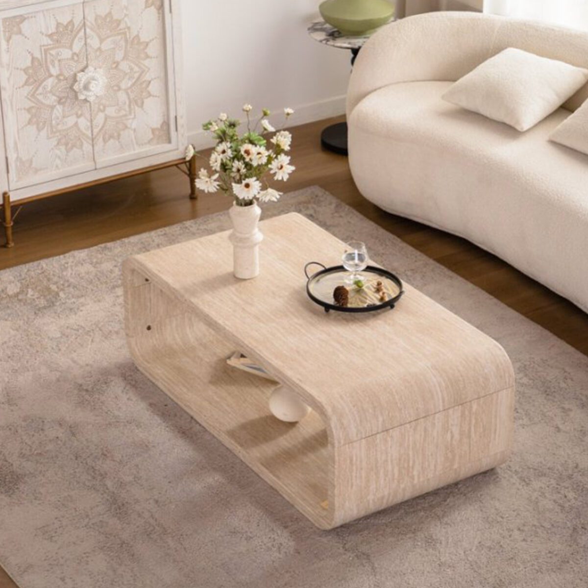 Rounded Open-Frame Travertine-Look Coffee Table - Modern U-Shaped Accent Table with Open Shelf - Image 3