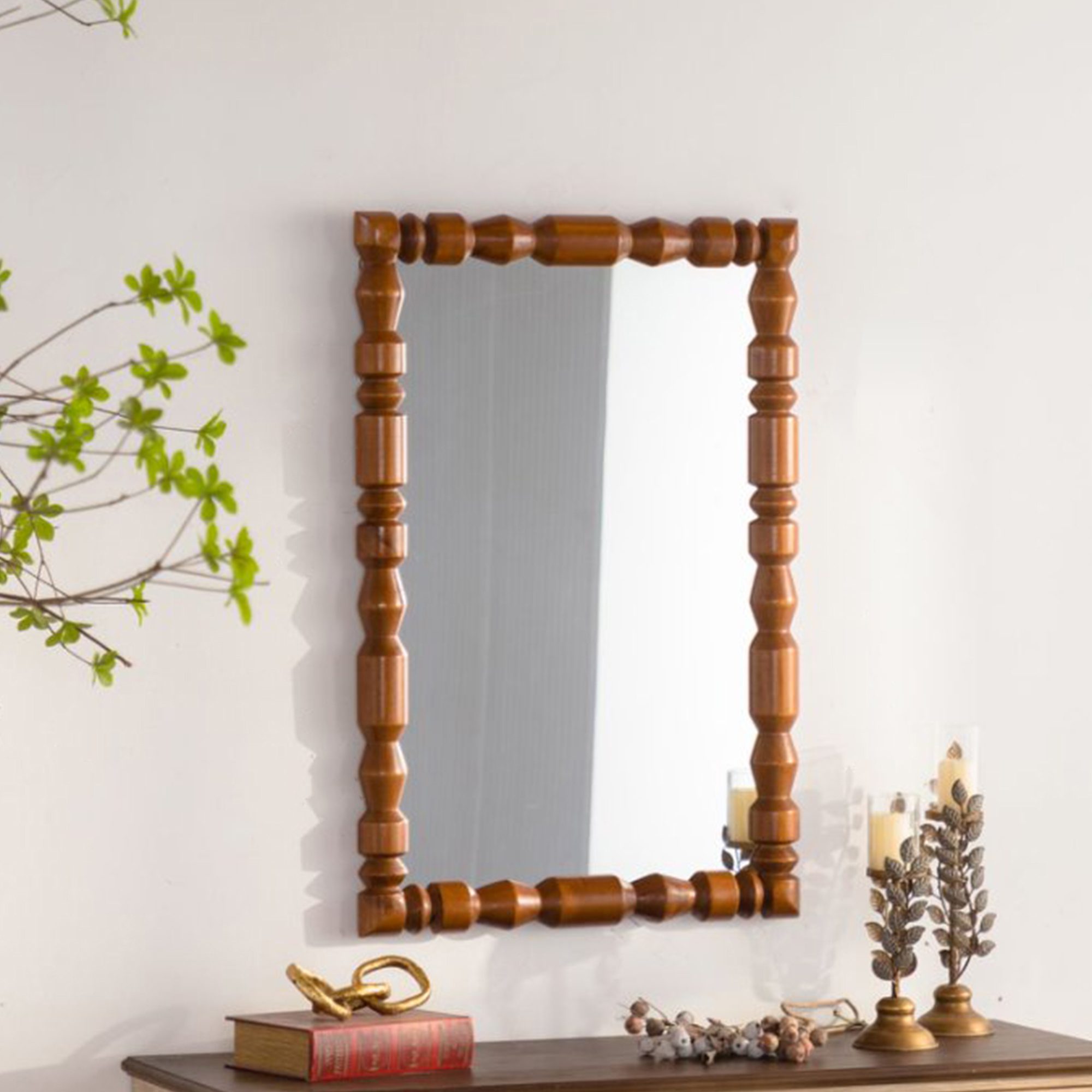 3 Carved Wood-Look Rectangular Wall Mirror - Vintage Spindle Frame Accent Mirror - Image 1