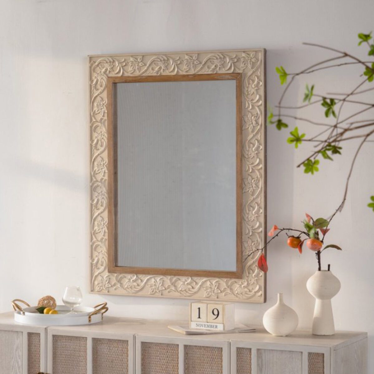 Ornate Carved Floral MDF Wall Mirror - Vintage Cream & Natural Wood Accent Mirror - Image 2