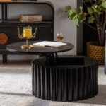 Black Fluted Lift-Top Coffee Table - Round Ribbed Accent Table with Hidden Storage
