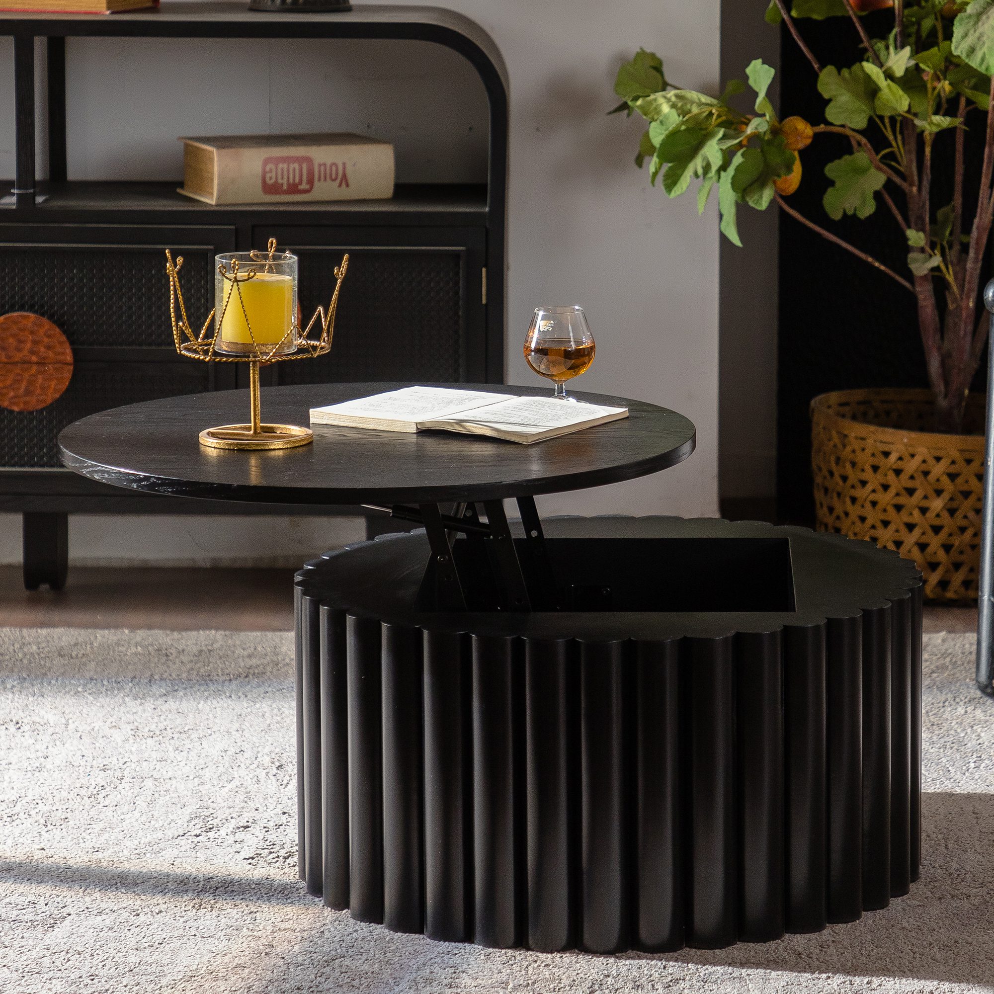 3 Black Fluted Lift-Top Coffee Table - Round Ribbed Accent Table with Hidden Storage - Image 1