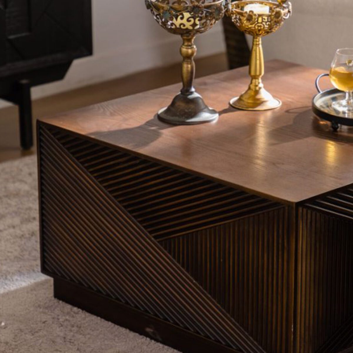 Dark Brown Geometric Fluted Cube Coffee Table - Modern Square Accent Table with Textured Panels - Image 5