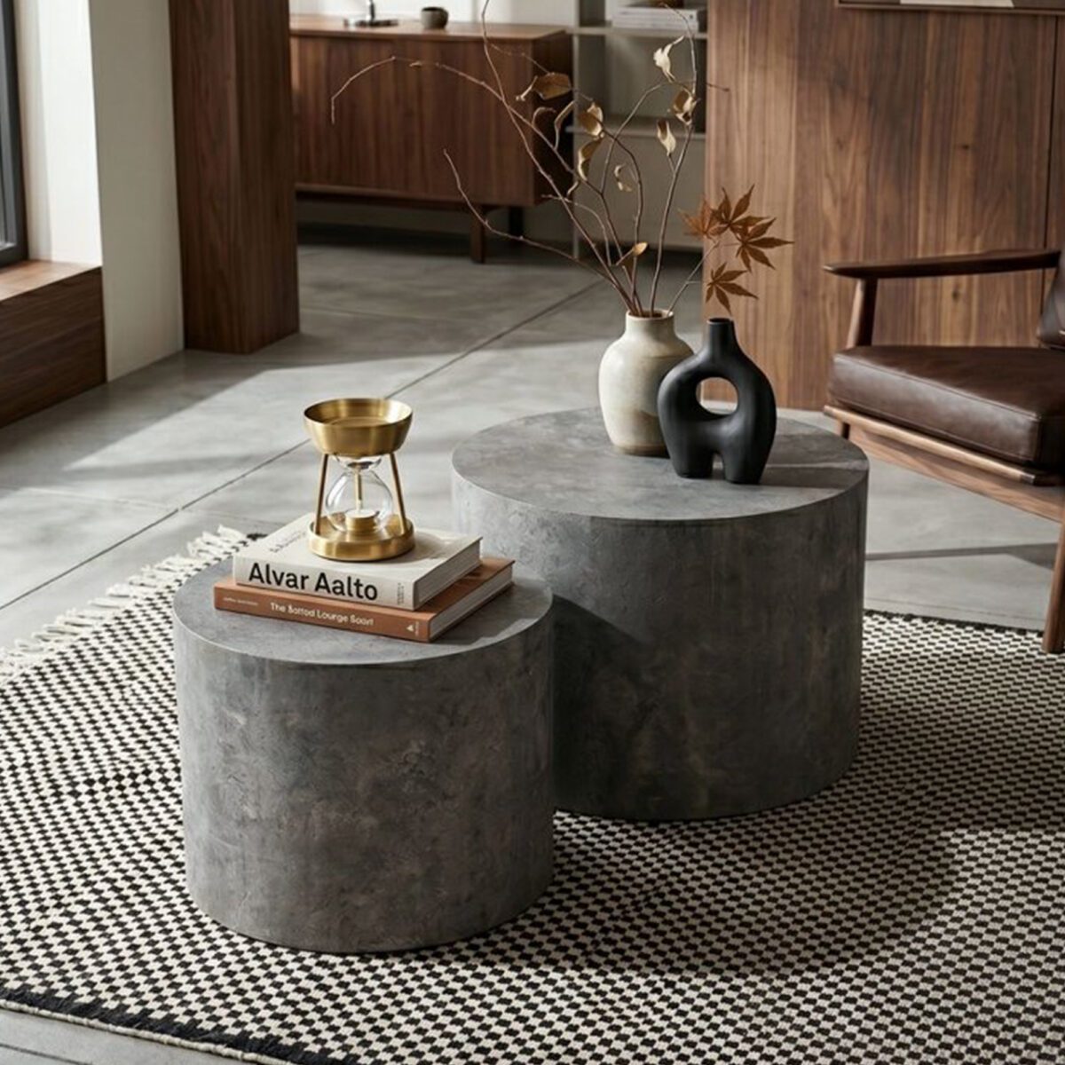 Set of 2 Nesting Round Cylinder MDF Coffee Tables, Rustic Travertine-Effect Drum Accent Side Table Set - Image 2