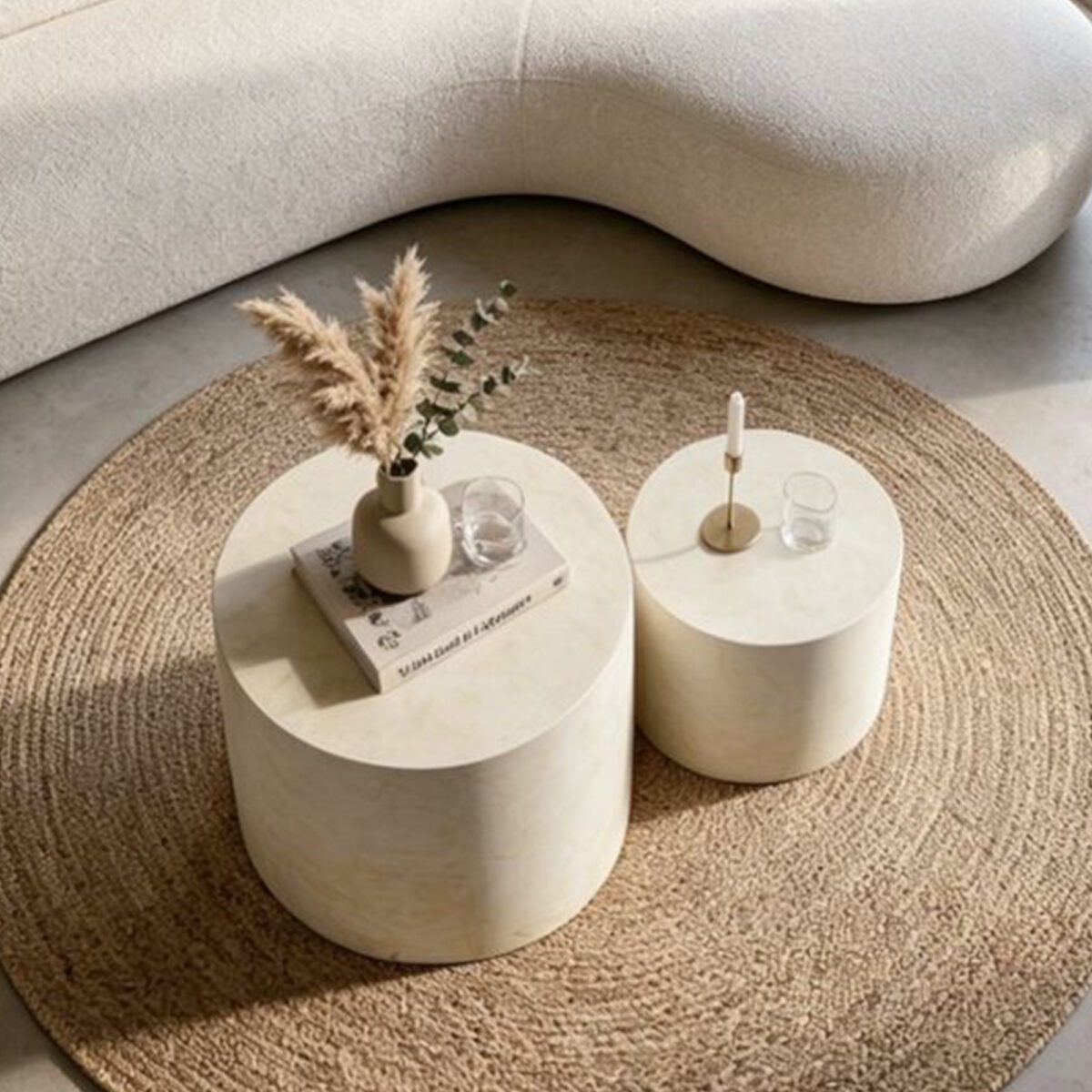 Set of 2 Cream Marble-Effect Cylinder Nesting Coffee Tables - Minimalist Accent Side Tables - Image 3