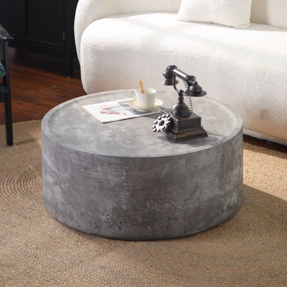 Large Round Concrete-Effect Coffee Table - Industrial Minimalist Cylinder Accent Table - Image 2