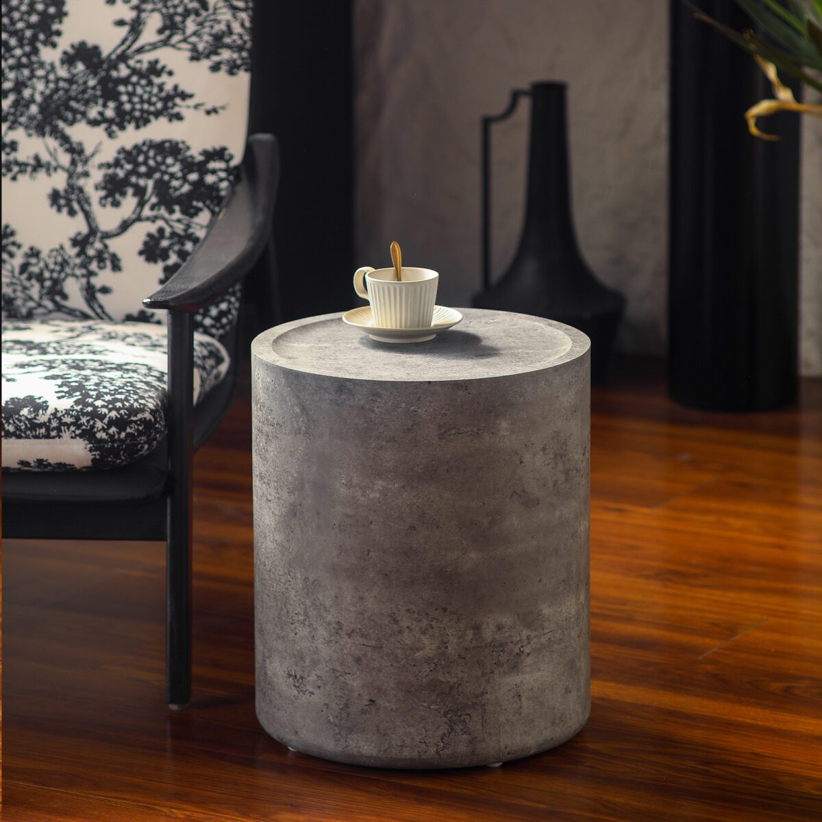 Dark Gray Concrete-Effect Cylinder Side Table - Industrial Minimalist Accent Table - Image 3