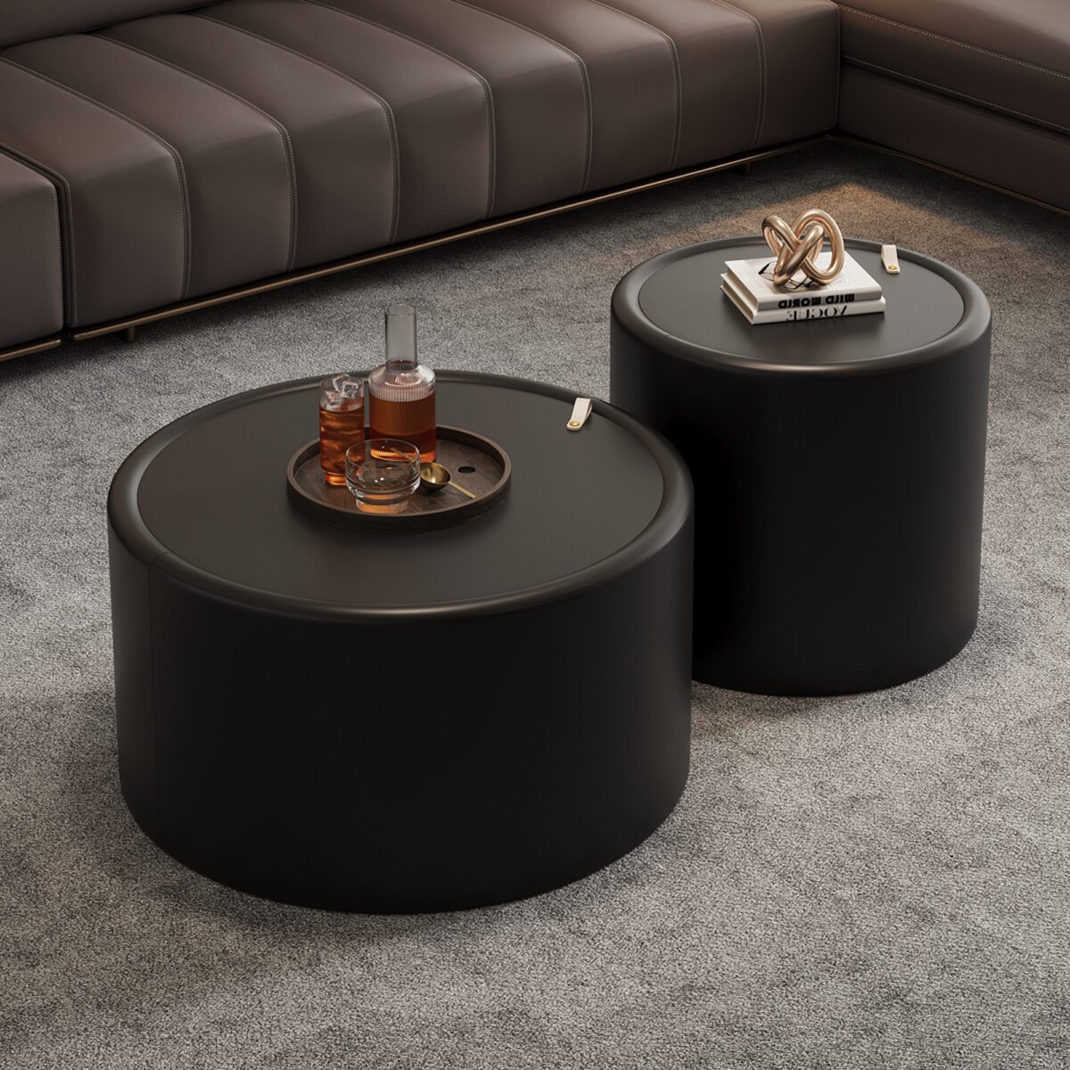 Black Round Storage Side Table - Tempered Glass Top & PU Leather Cylinder Accent Table - Image 2