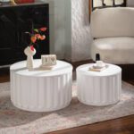 Set of 2 White Fluted Nesting Storage Tables - Modern Round Accent Coffee & Side Tables