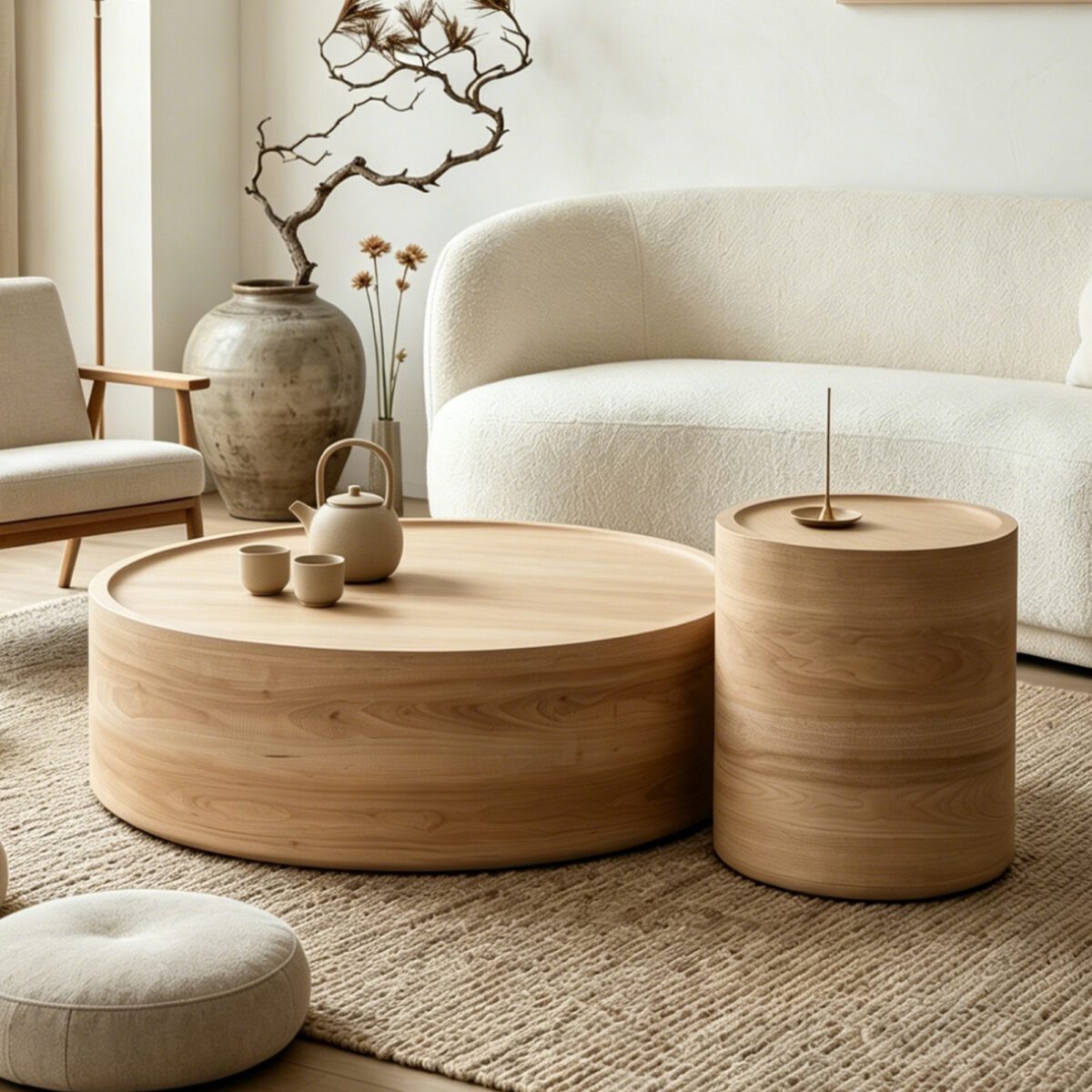 Large Round Drum MDF Coffee Table with Natural Wood Grain Veneer, Minimalist Low Profile Living Room Center Table - Image 3