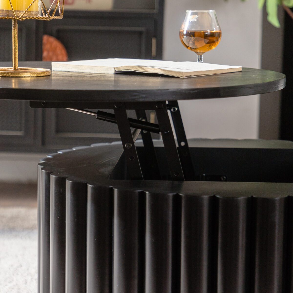 Black Fluted Lift-Top Coffee Table - Round Ribbed Accent Table with Hidden Storage - Image 2