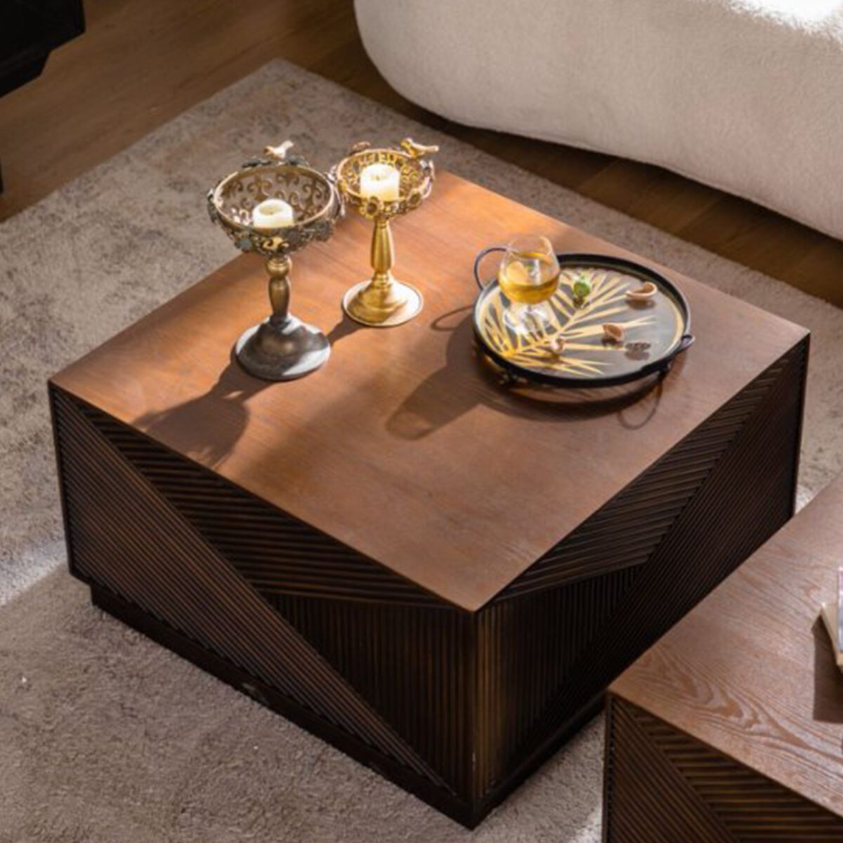 Dark Brown Geometric Fluted Cube Coffee Table - Modern Square Accent Table with Textured Panels - Image 4