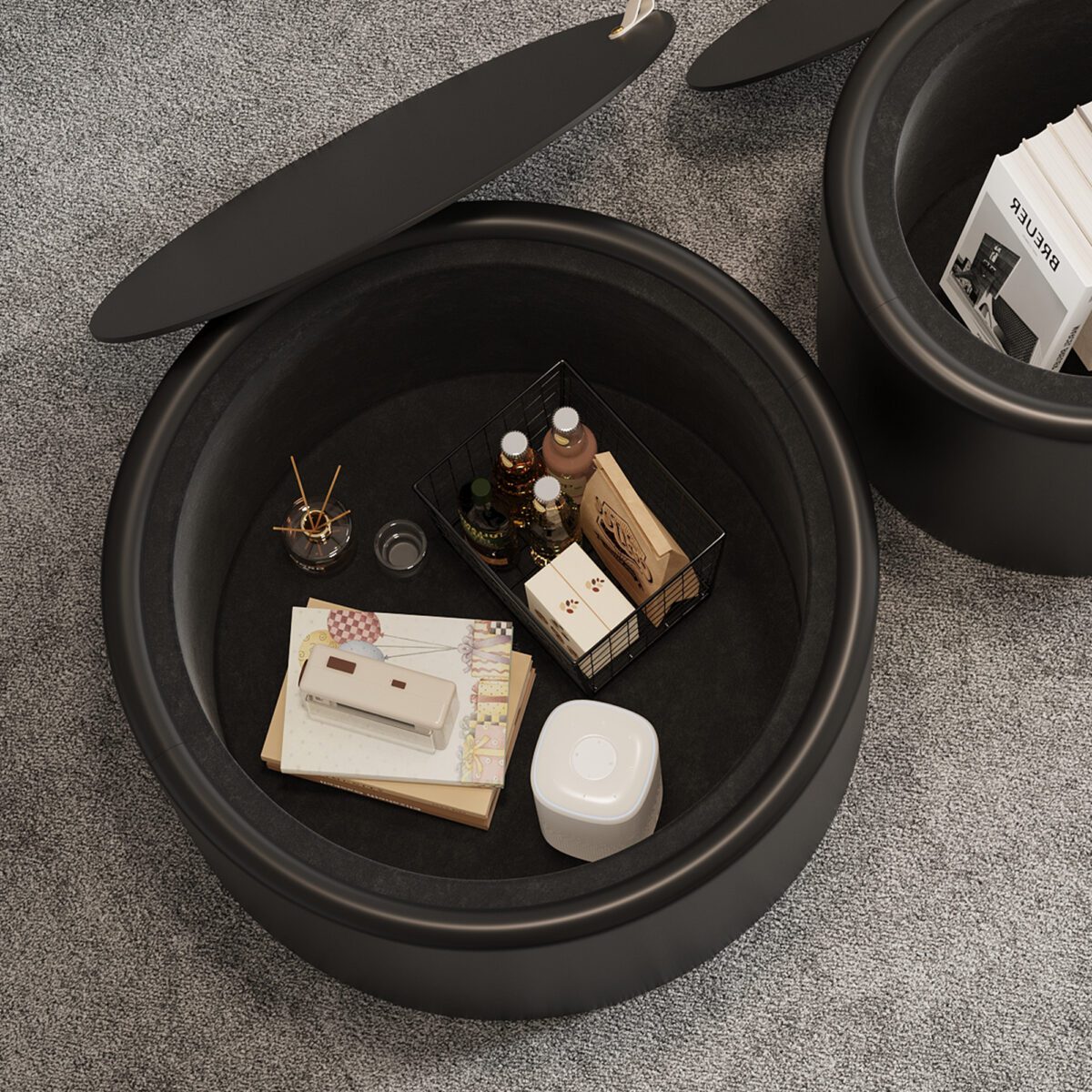 Black Round Storage Coffee Table - Tempered Glass Top & PU Leather Body Cylinder Accent Table - Image 3