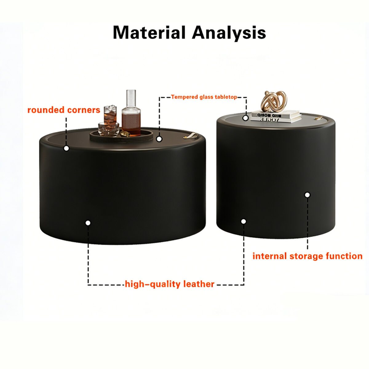Black Round Storage Side Table - Tempered Glass Top & PU Leather Cylinder Accent Table - Image 5