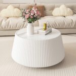 White Round Pleated Coffee Table - Marble Top & PU Leather Base Modern Accent Table