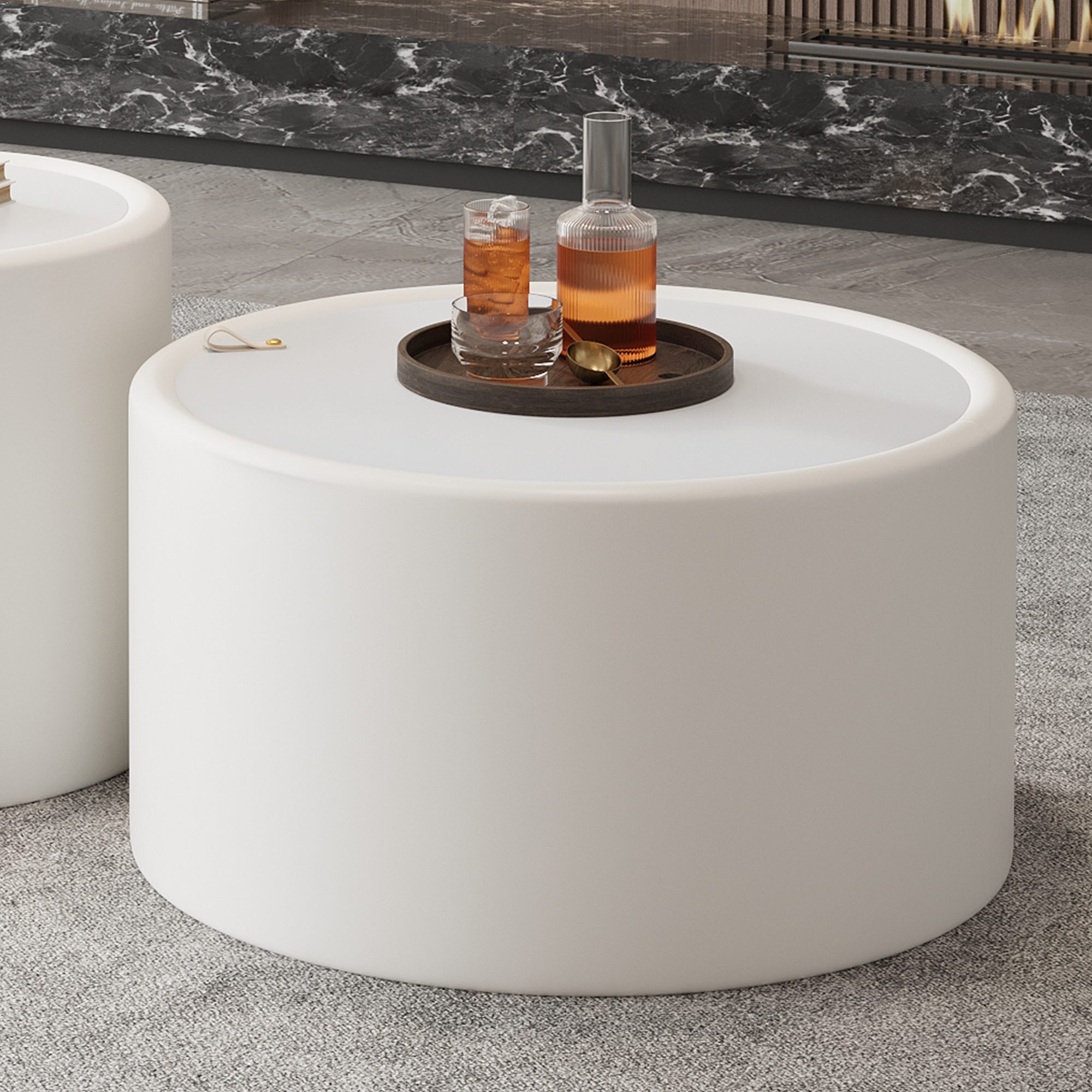 4 White Round Storage Coffee Table - Tempered Glass Top & PU Leather Cylinder Accent Table - Image 1
