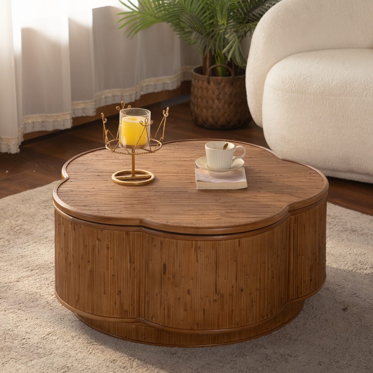 Clover-Shaped Bamboo Storage Coffee Table - Woven Bamboo Accent Table with Hidden Compartment - Image 4