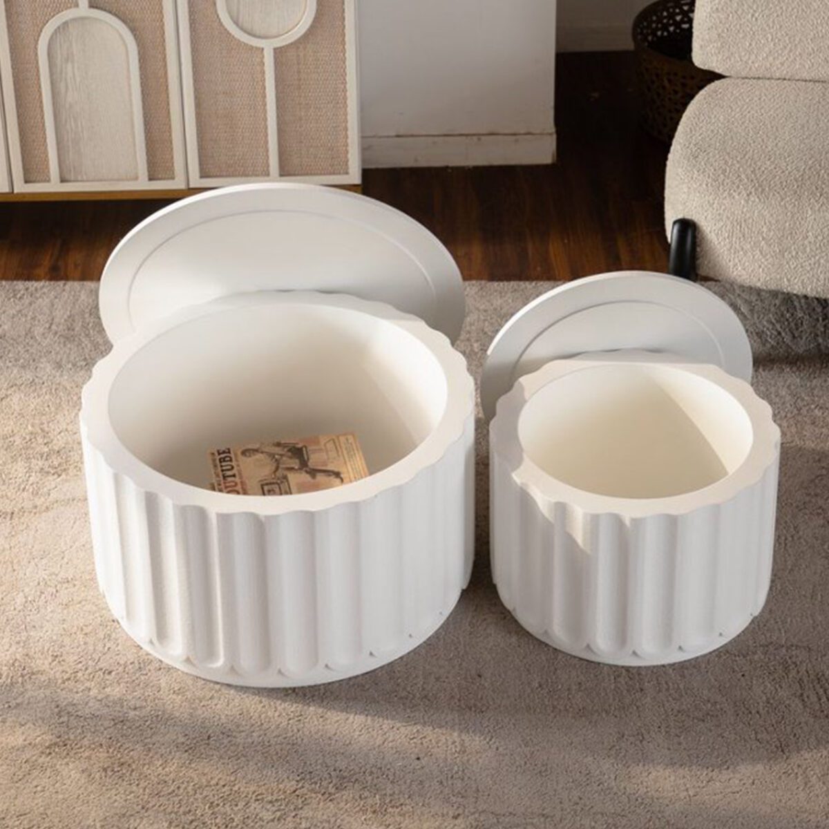 Set of 2 White Fluted Nesting Storage Tables - Modern Ribbed Accent Tables with Lift-Off Lids - Image 3