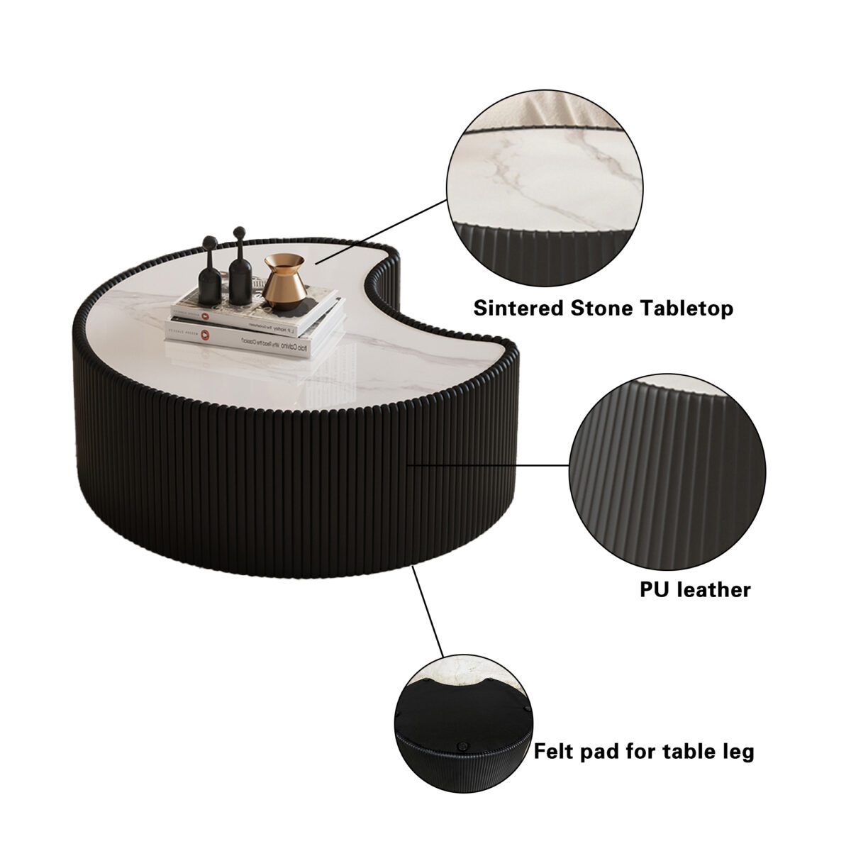 Black Pleated C-Shaped Coffee Table - Sintered Stone Top & Fluted PU Leather Accent Table - Image 4