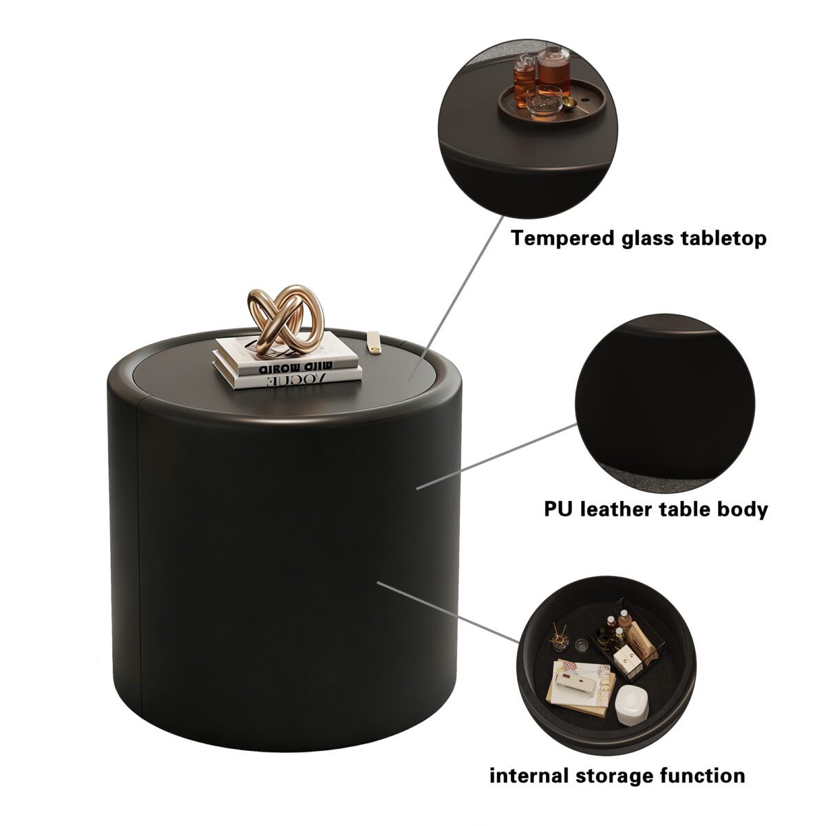 Black Round Storage Side Table - Tempered Glass Top & PU Leather Cylinder Accent Table - Image 6