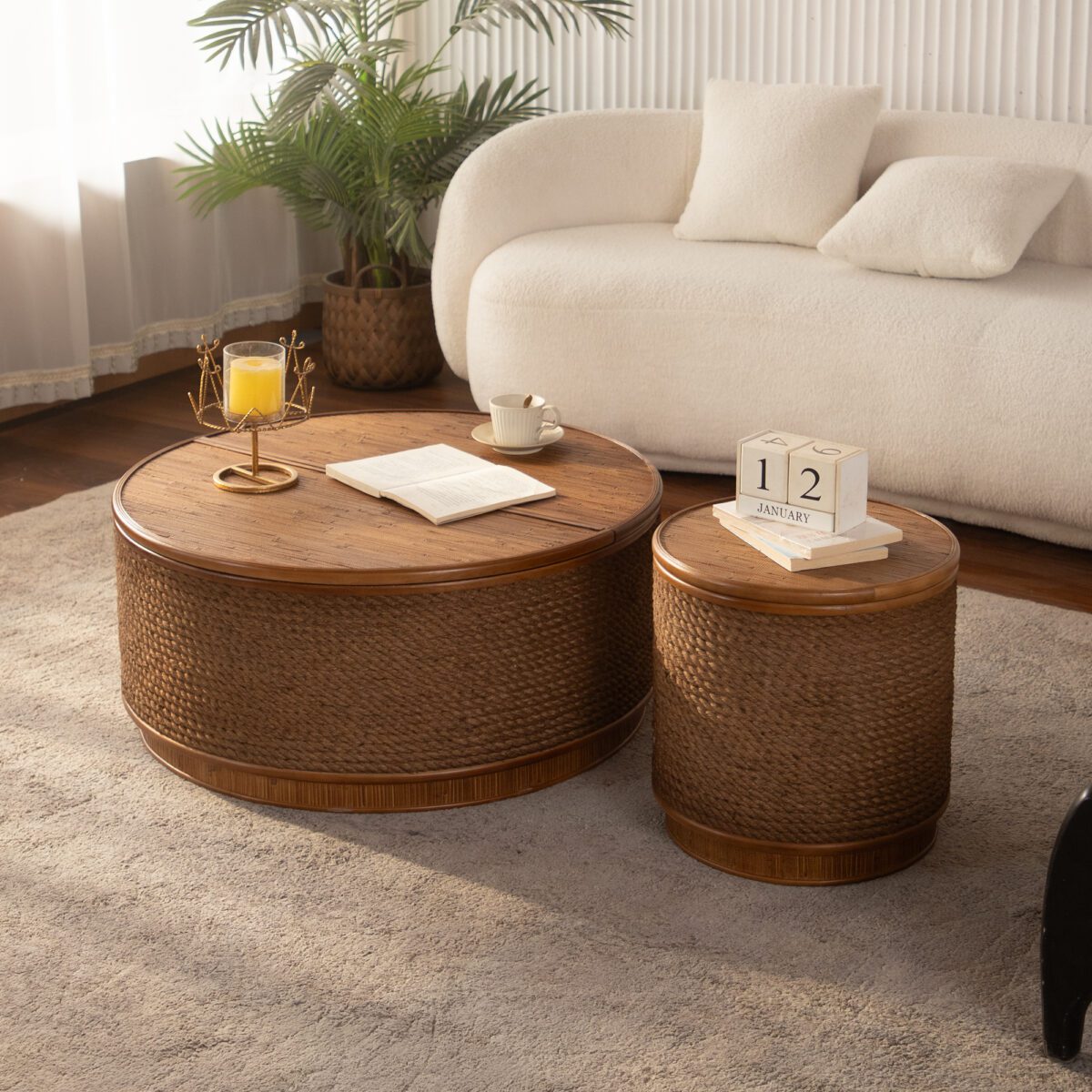 Round Woven Rope Storage Coffee Table - Natural Wood & Rope Accent Table with Lift-Top Compartment - Image 4
