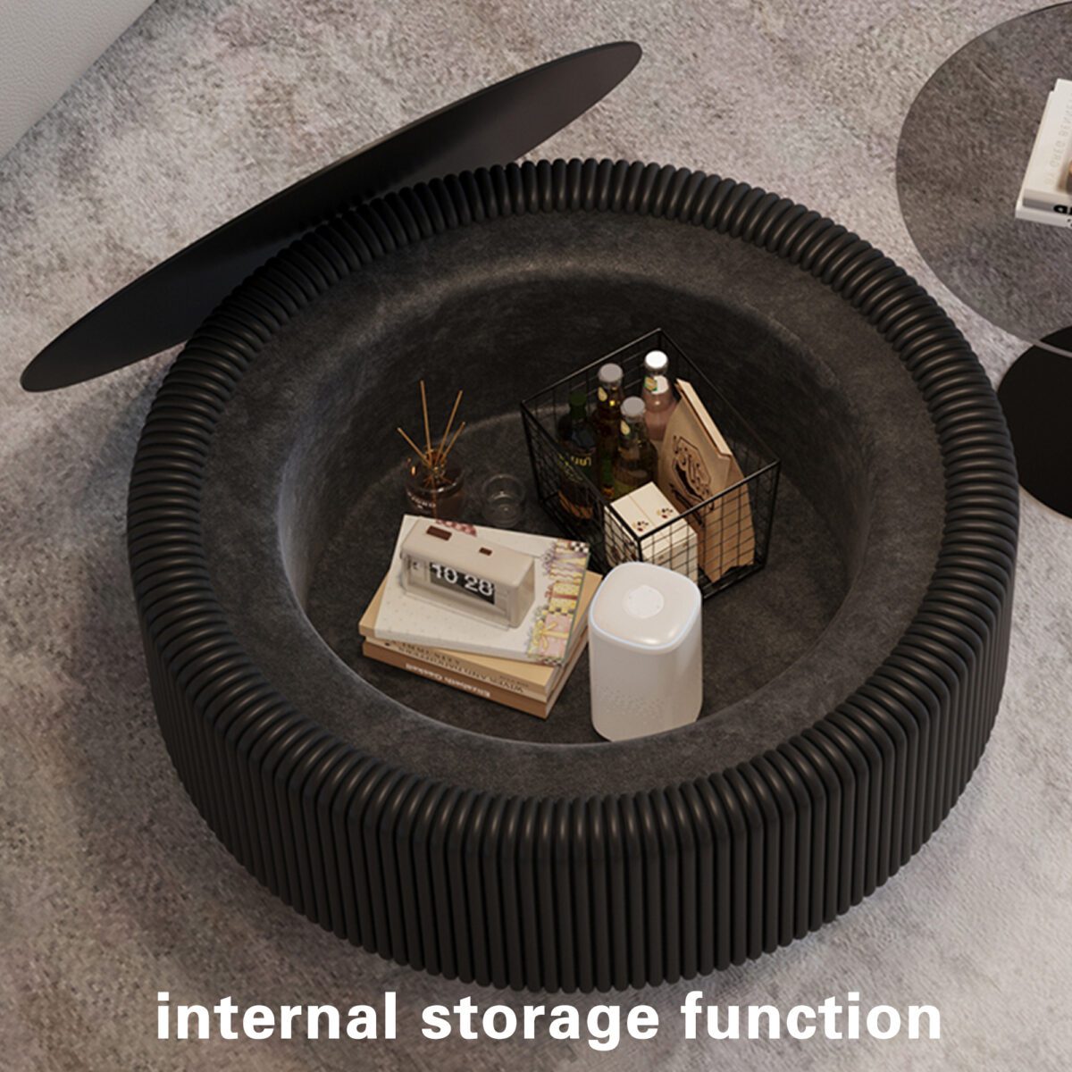 Black Pleated Round Coffee Table - Tempered Glass Top & PU Leather Fluted Accent Table - Image 4