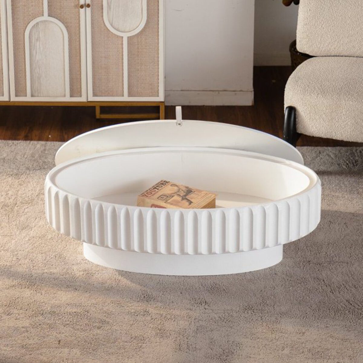 White Fluted Round Storage Coffee Table - Modern Ribbed Accent Table with Hidden Compartment - Image 3