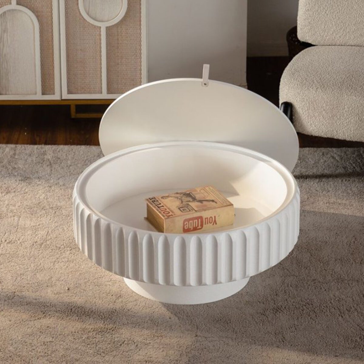 White Fluted Round Storage Coffee Table - Modern Ribbed Accent Table with Lift-Off Lid - Image 4