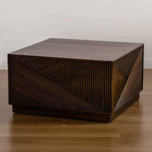 Dark Brown Geometric Fluted Cube Coffee Table - Modern Square Accent Table with Textured Panels