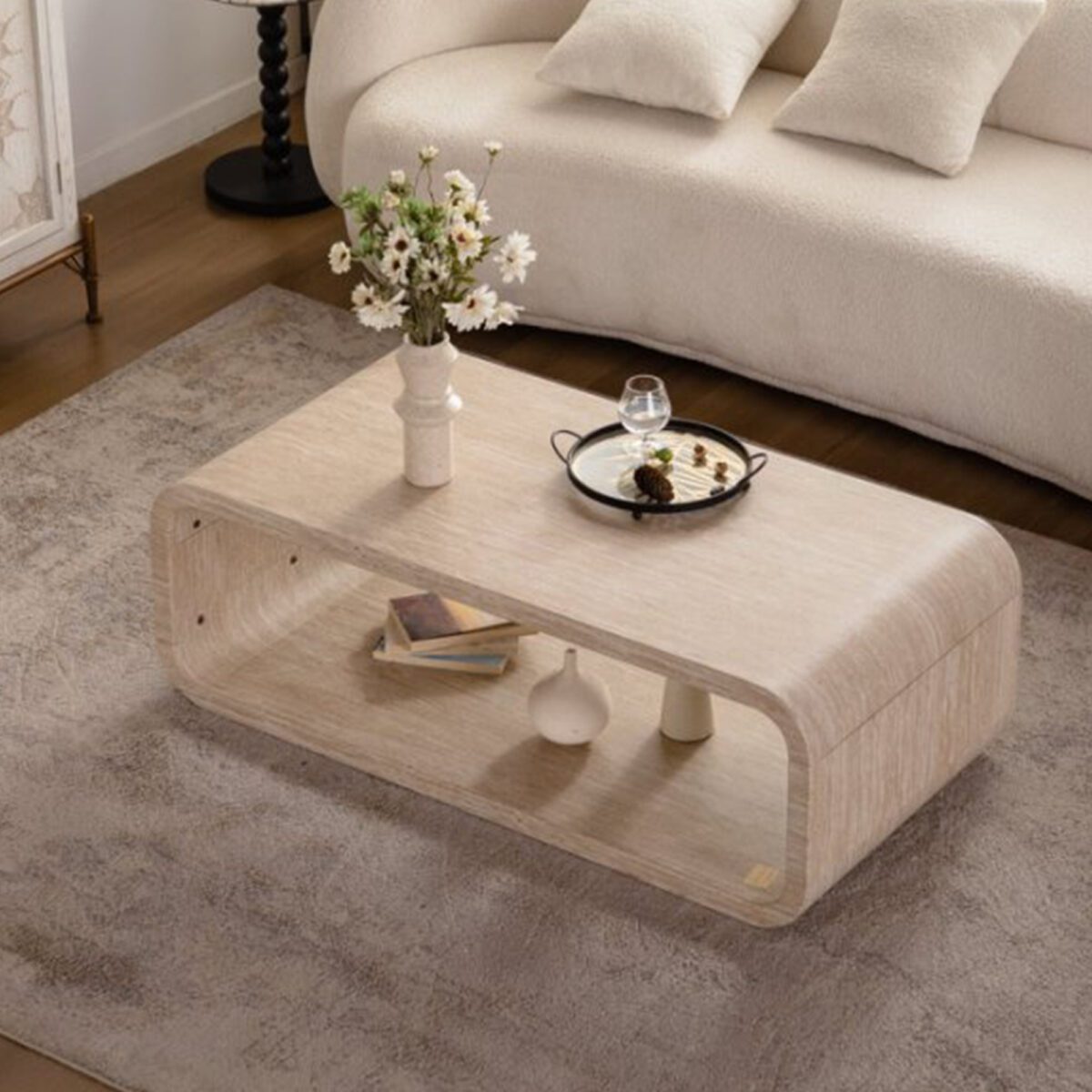 Rounded Open-Frame Travertine-Look Coffee Table - Modern U-Shaped Accent Table with Open Shelf - Image 4