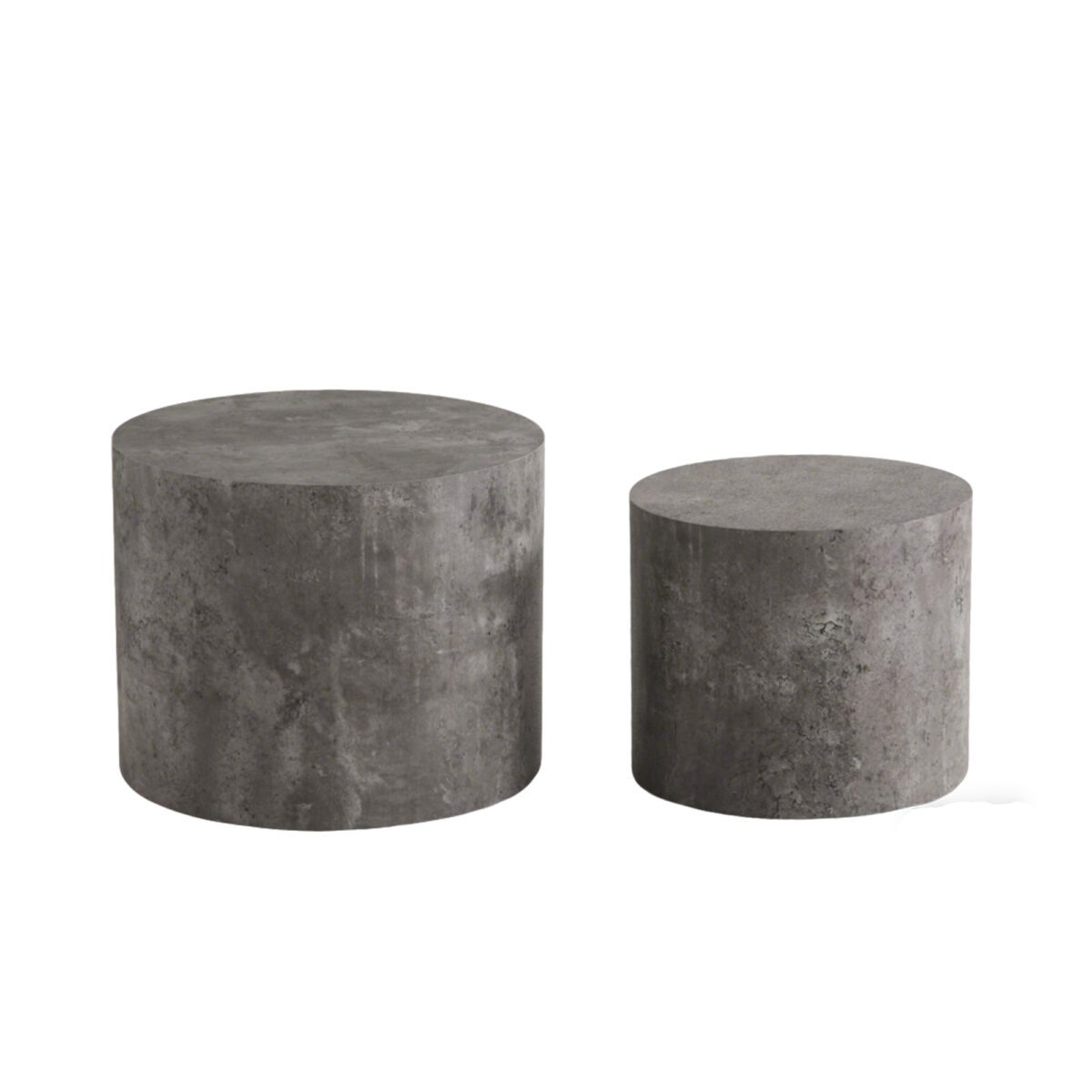 Set of 2 Nesting Round Cylinder MDF Coffee Tables, Rustic Travertine-Effect Drum Accent Side Table Set - Image 4