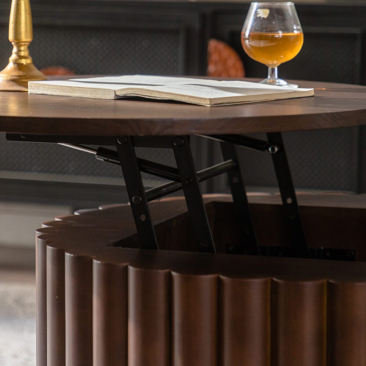 Dark Brown Fluted Lift-Top Coffee Table - Round Ribbed Accent Table with Hidden Storage - Image 4