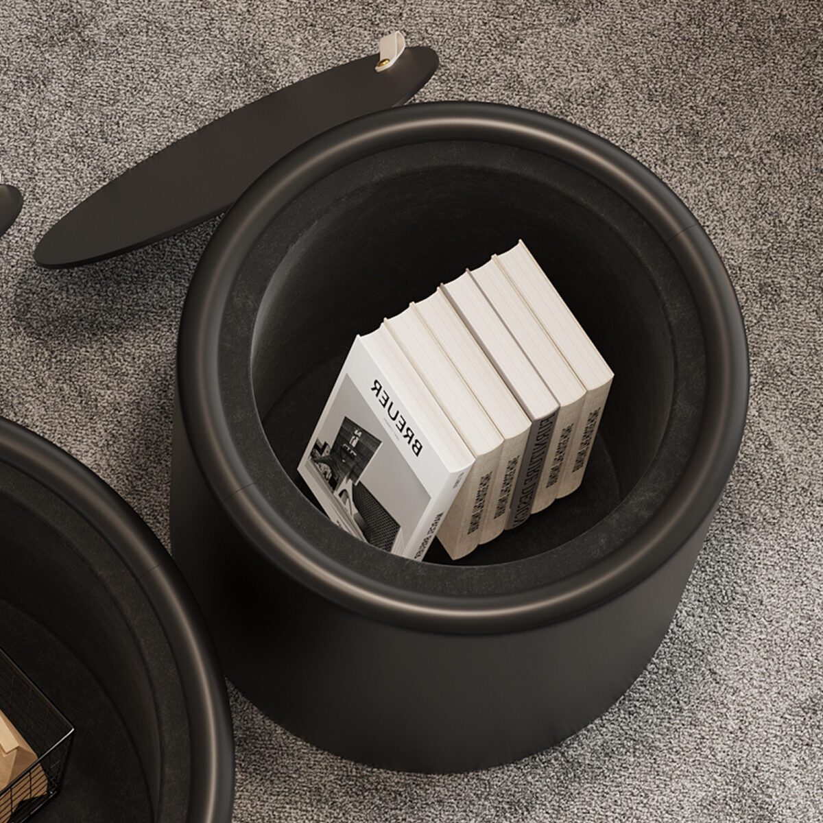 Black Round Storage Side Table - Tempered Glass Top & PU Leather Cylinder Accent Table - Image 4