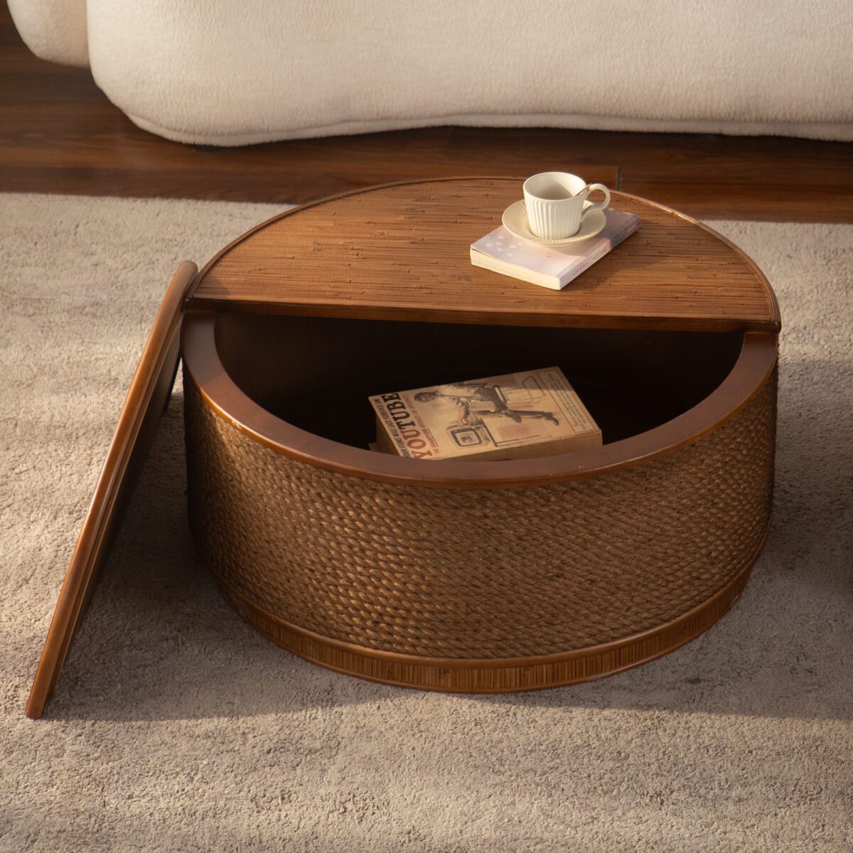 Round Woven Rope Storage Coffee Table - Natural Wood & Rope Accent Table with Lift-Top Compartment - Image 3