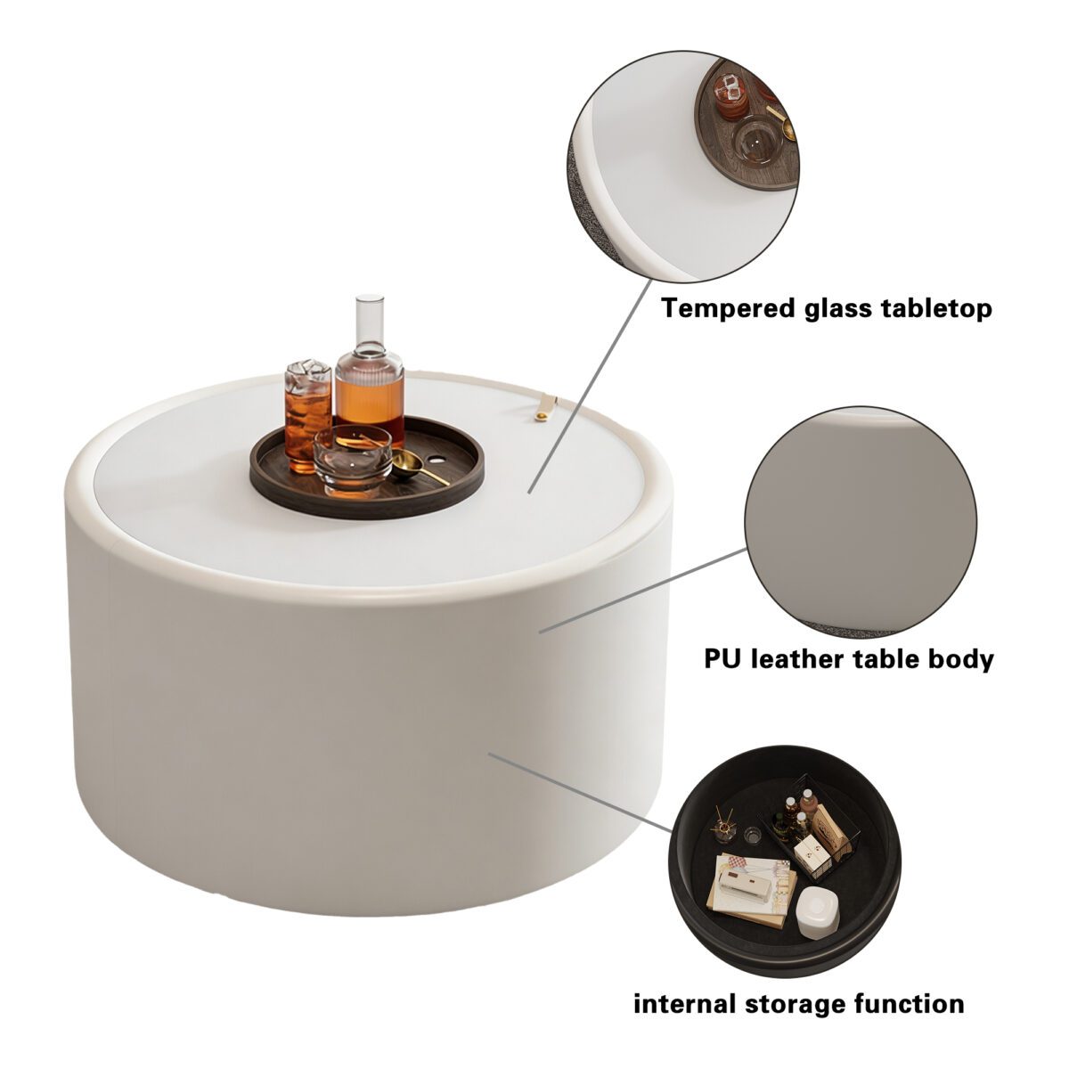 White Round Storage Coffee Table - Tempered Glass Top & PU Leather Cylinder Accent Table - Image 5