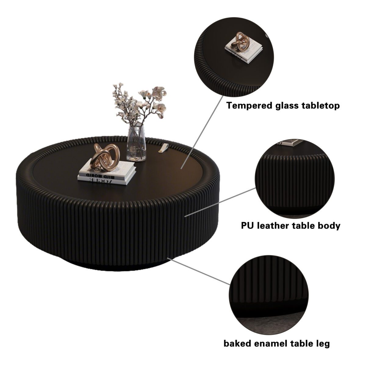 Black Pleated Round Coffee Table - Tempered Glass Top & PU Leather Fluted Accent Table - Image 5