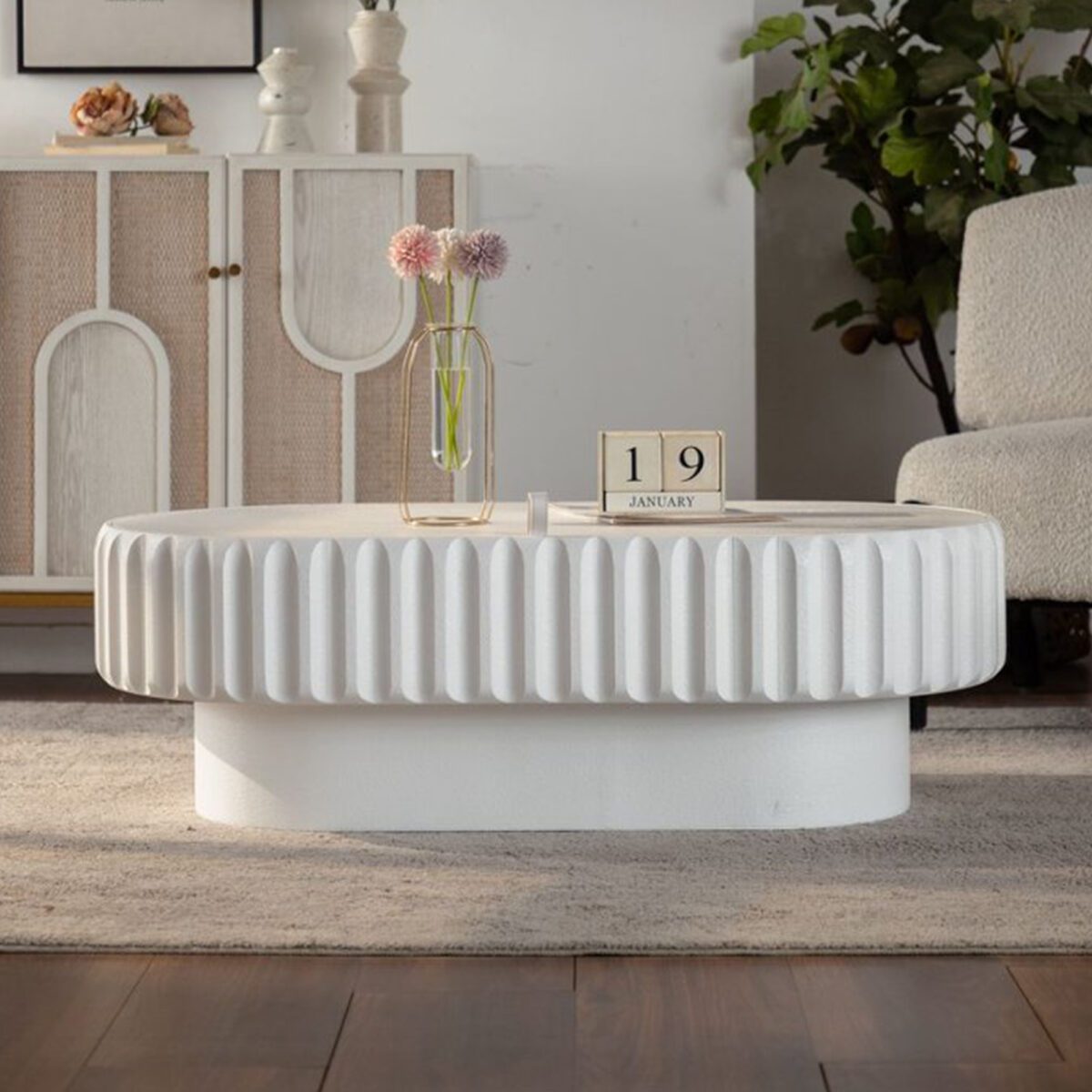 White Fluted Oval Coffee Table - Modern Ribbed Accent Table with Hidden Storage - Image 4