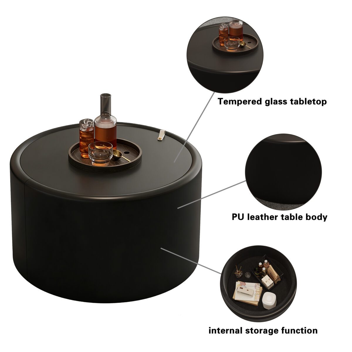 Black Round Storage Coffee Table - Tempered Glass Top & PU Leather Body Cylinder Accent Table - Image 5