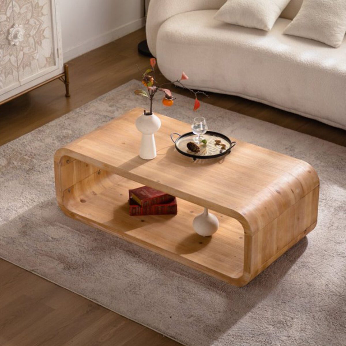 Rounded Open-Frame Coffee Table - Natural Wood-Look Accent Table with Open Lower Shelf - Image 4