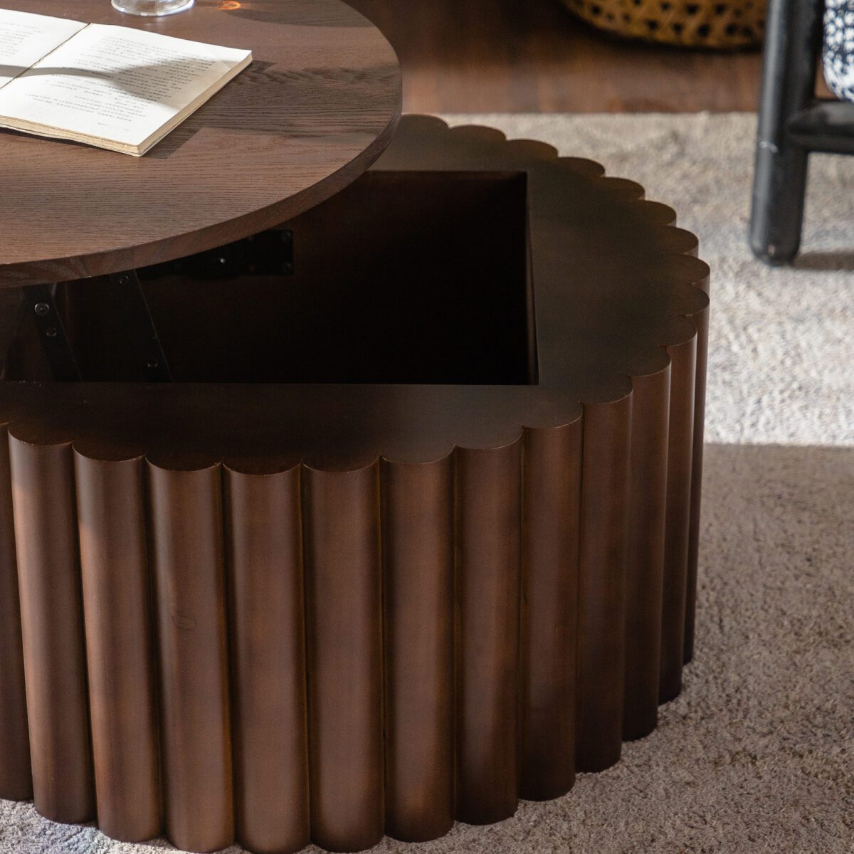 Dark Brown Fluted Lift-Top Coffee Table - Round Ribbed Accent Table with Hidden Storage - Image 3