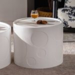 White Embossed Cylinder Side Table - Modern Textured Round Accent Table