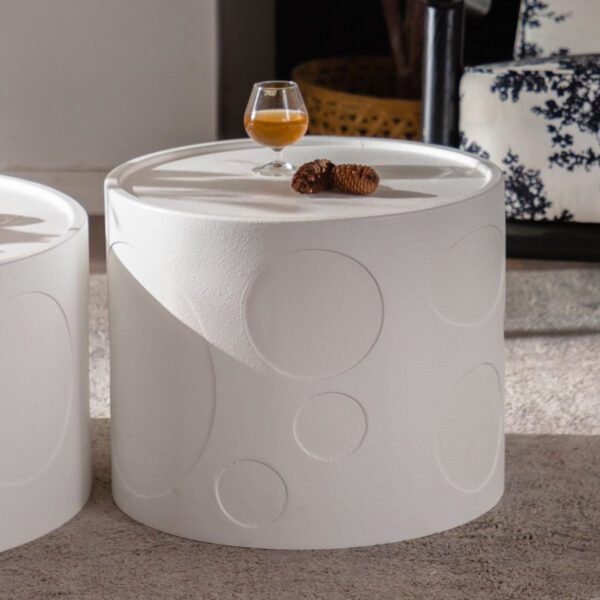 White Embossed Cylinder Side Table - Modern Textured Round Accent Table