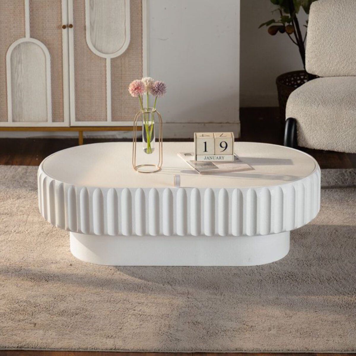 White Fluted Oval Coffee Table - Modern Ribbed Accent Table with Hidden Storage - Image 5